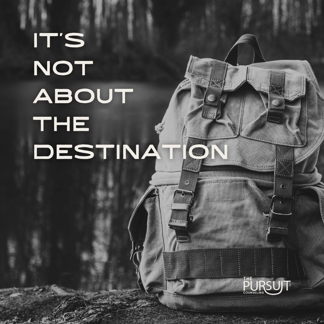 photos of a rustic backpack. words "its not about the destination"