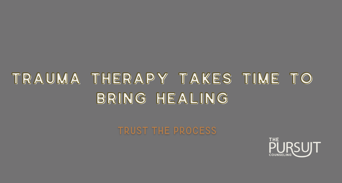 truama therapy takes time for healing text on a blanks gray canvas