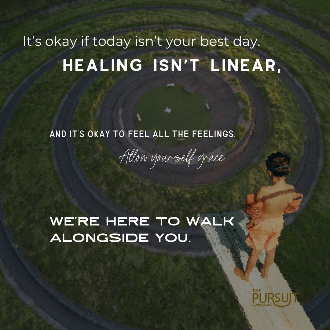 healing isn't linear. we are here to help you. kid on diving board looking down at a winding path.