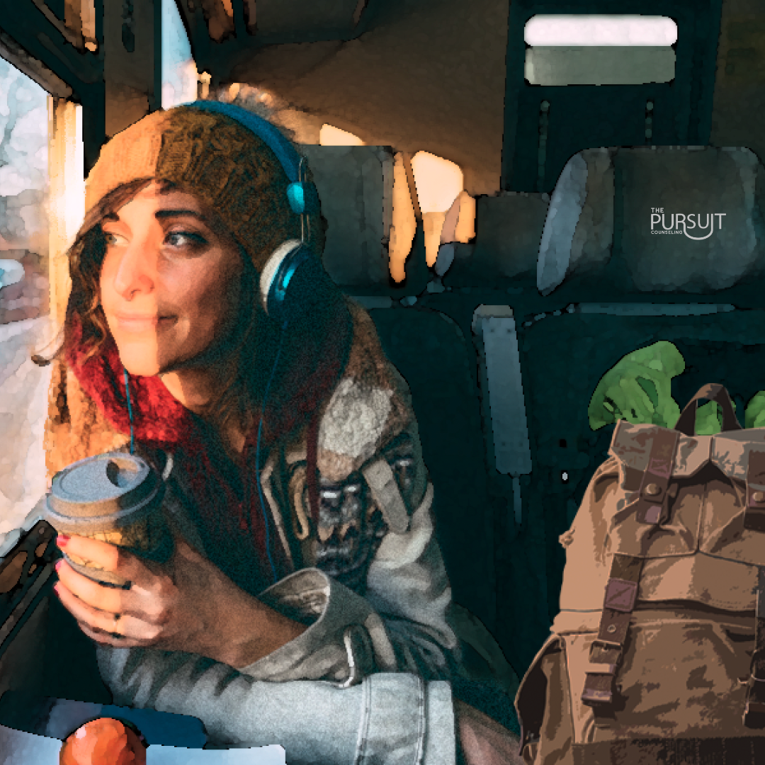 woman on bus with a backpack symbolizing trauma