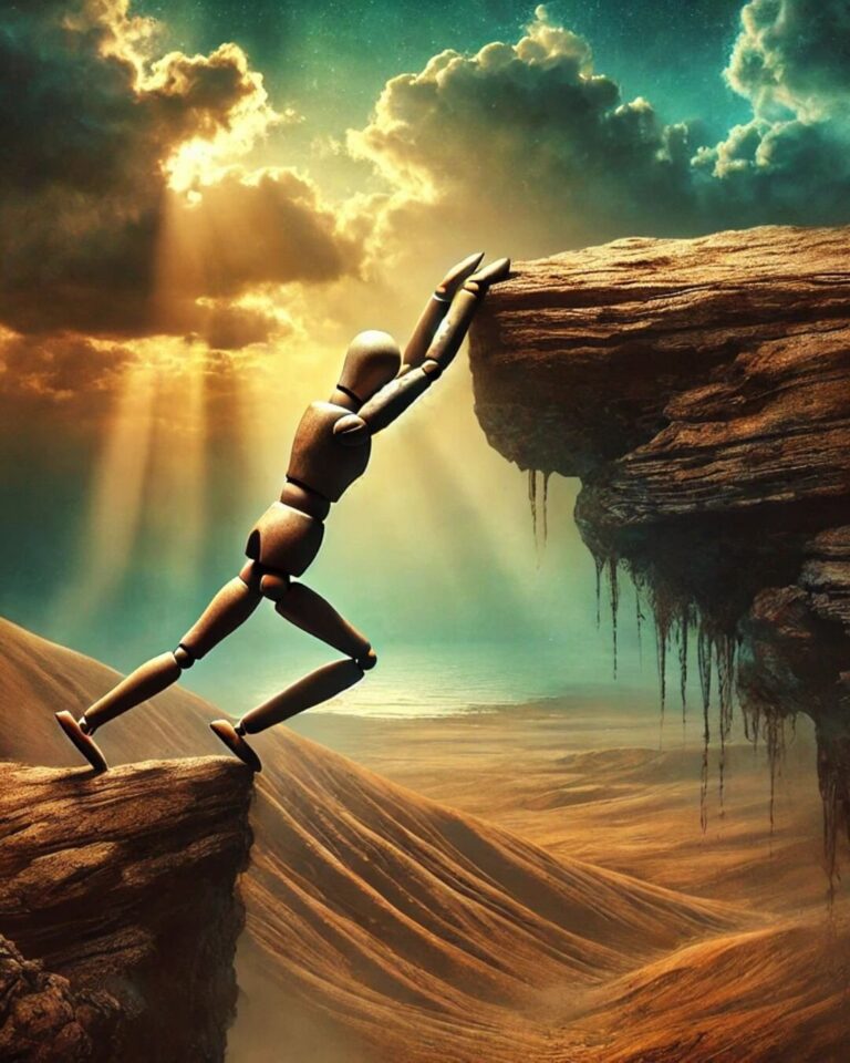 figure hanging on the edge of a cliff