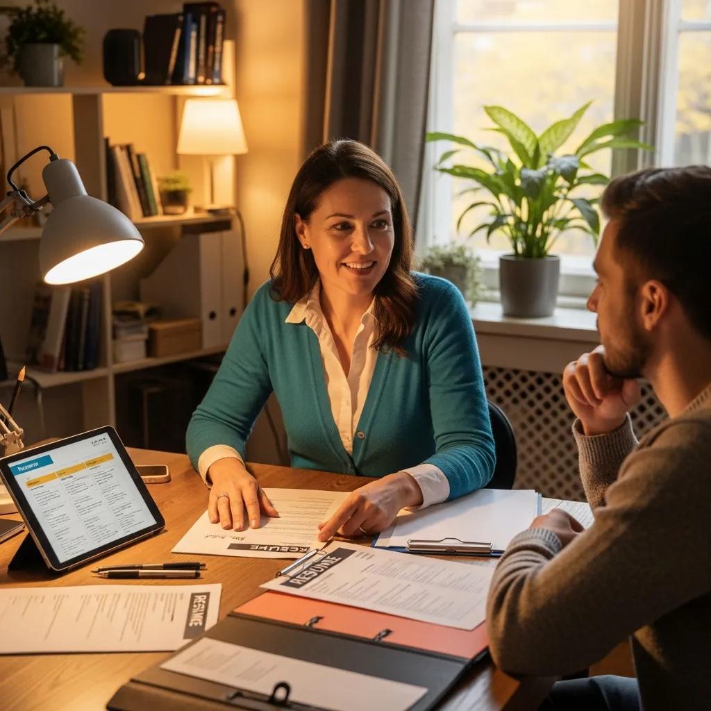 Career counselor providing personalized support to a client in a cozy office setting