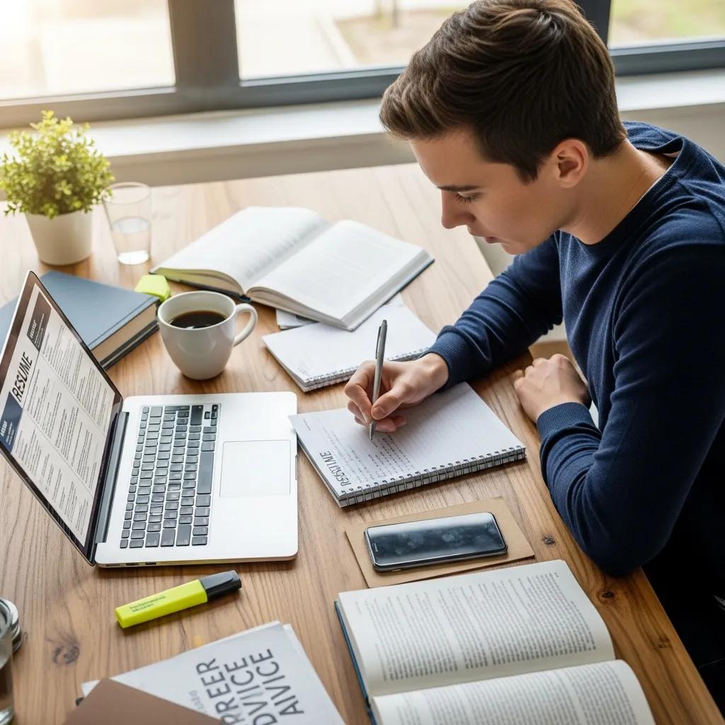Young professional focused on resume writing and job search strategies at a desk