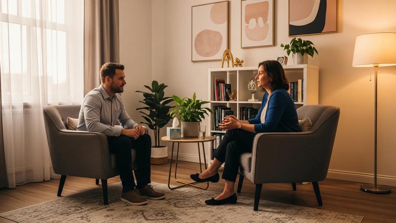 Counselor supporting an expat during a counseling session, emphasizing emotional support