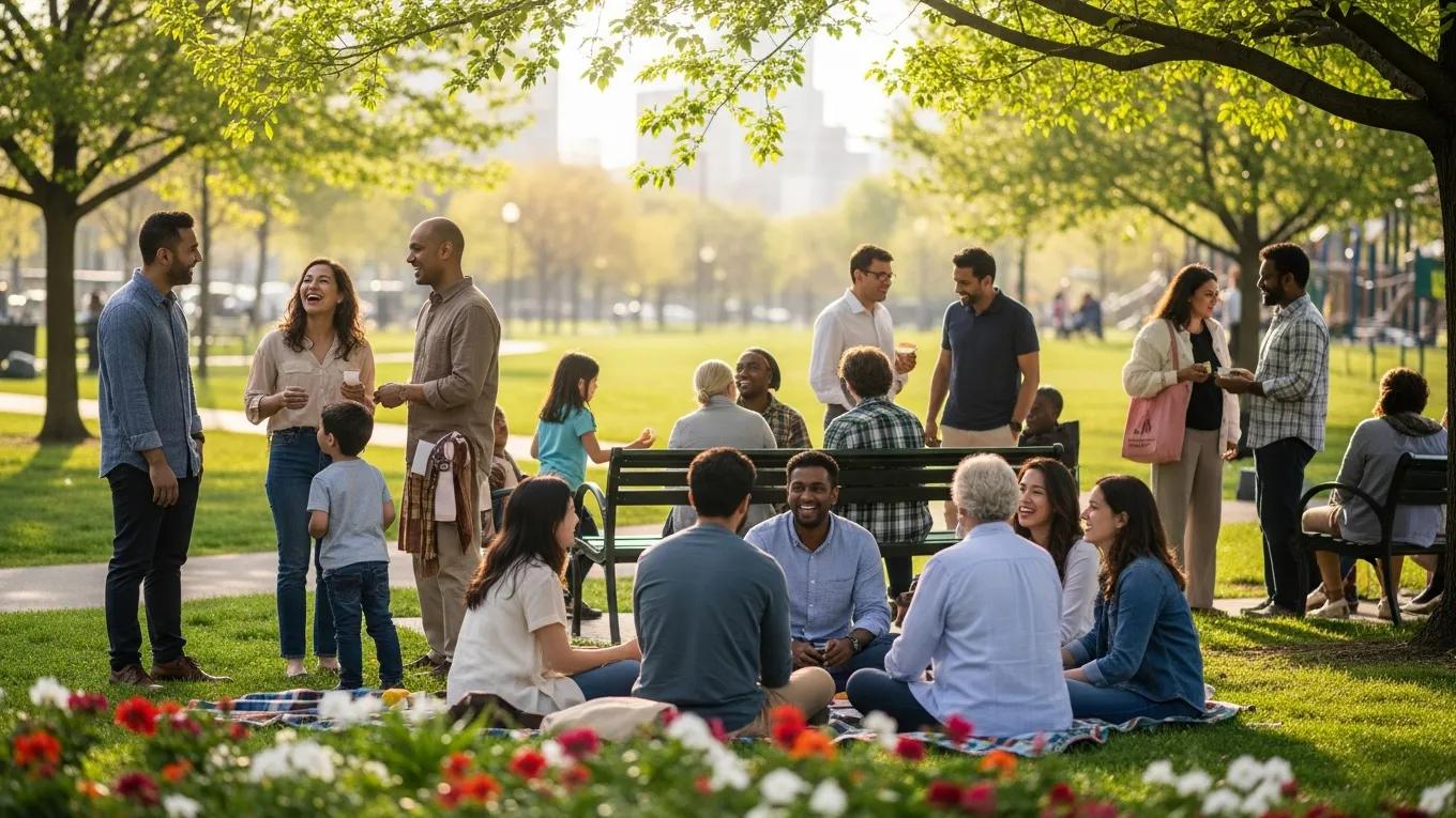 Diverse expatriates connecting in a park, symbolizing community and belonging