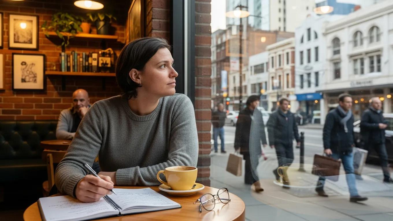 Individual reflecting on cultural adjustment challenges in a café setting