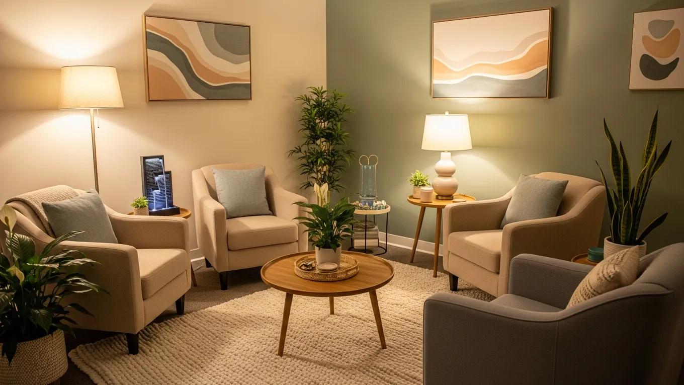 Therapy room designed for compassionate support in sex addiction recovery