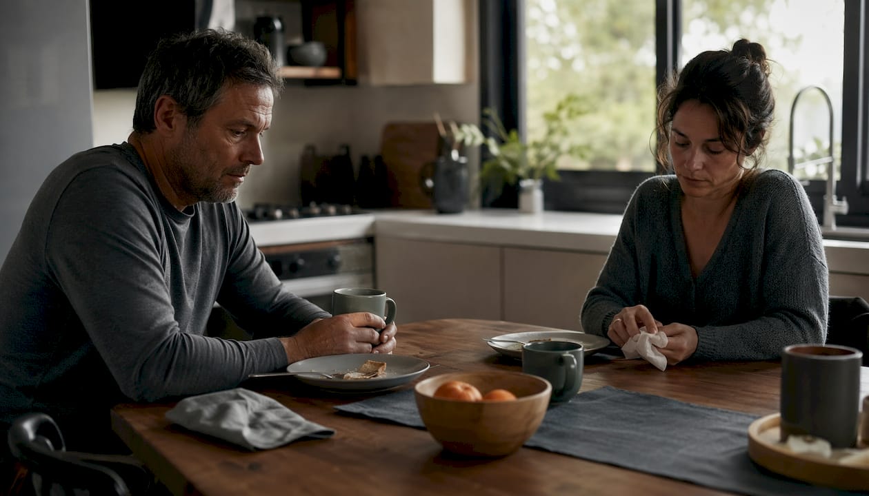 Married couple seated apart showing emotional distance