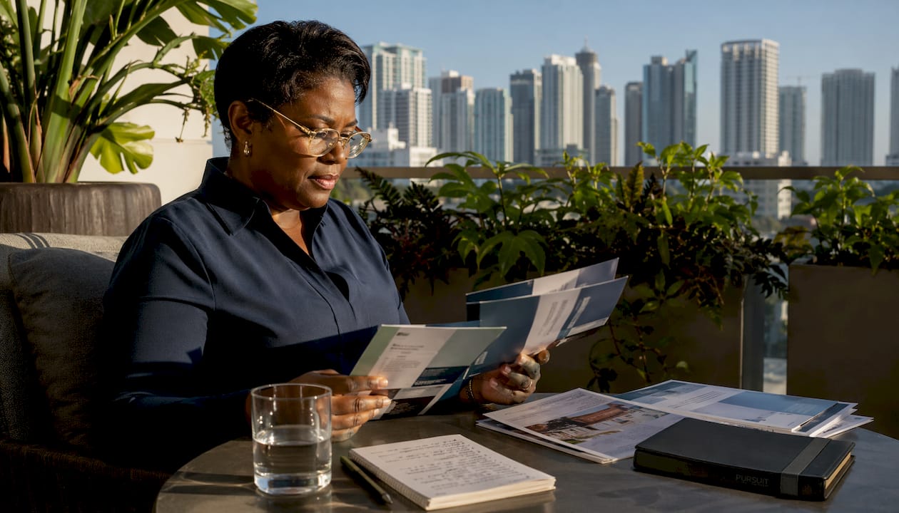 Executive reviewing burnout treatment brochures in office
