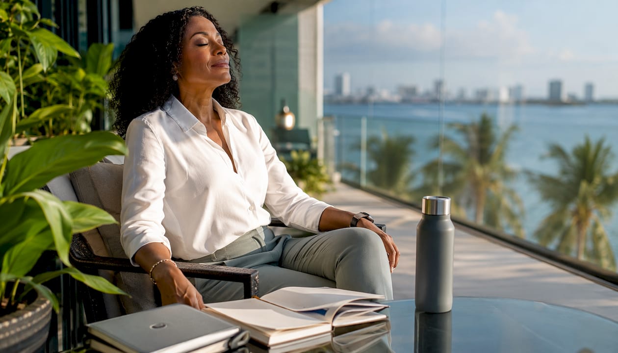 Executive practicing mindful breathing in office