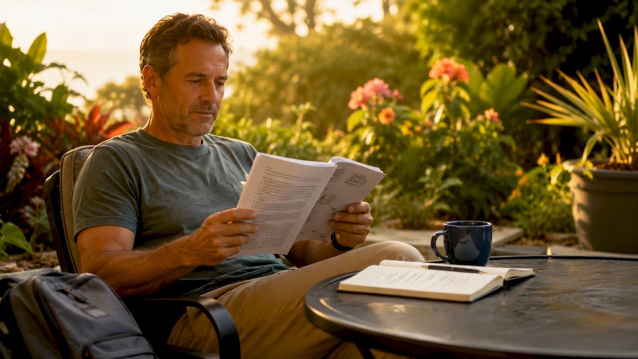 Pilot reviewing FAA mental health booklet at home