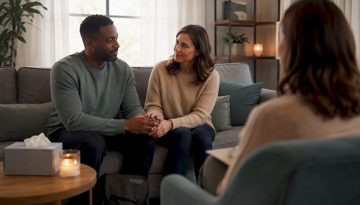 Couple in counseling session holding hands