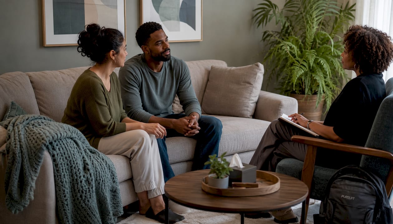 Couple engaged in therapy session with therapist