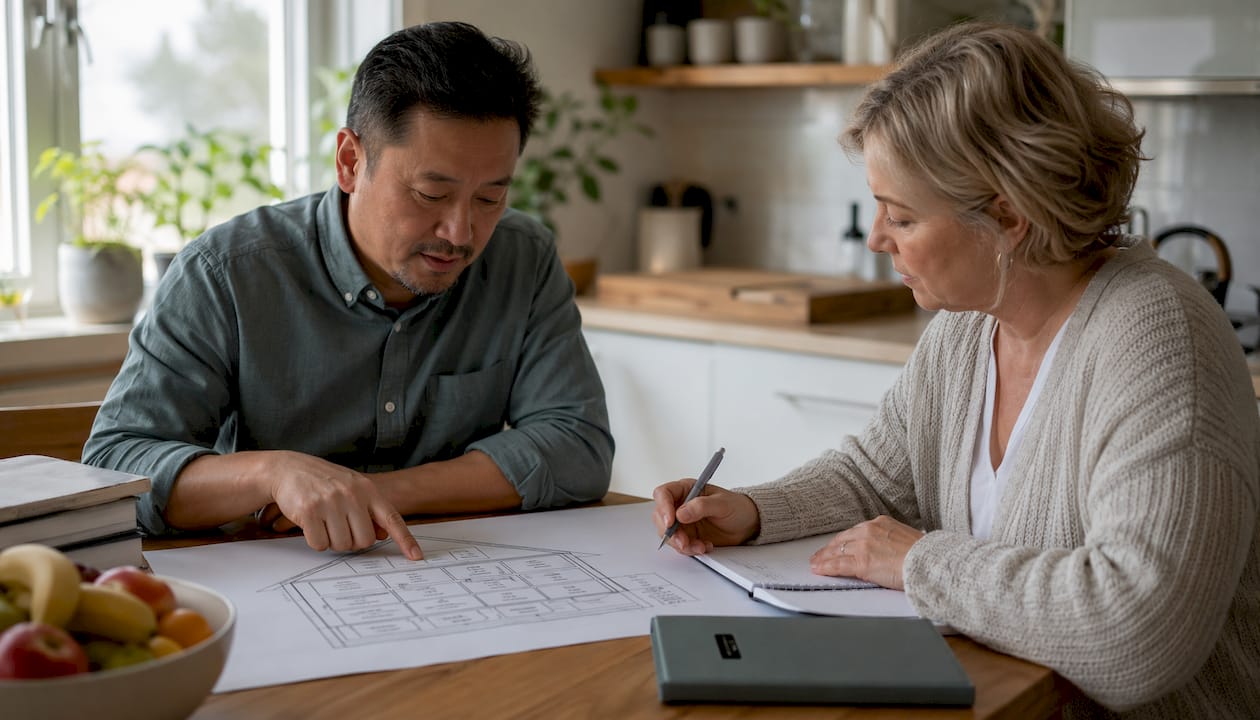 Couple studying relationship house blueprint