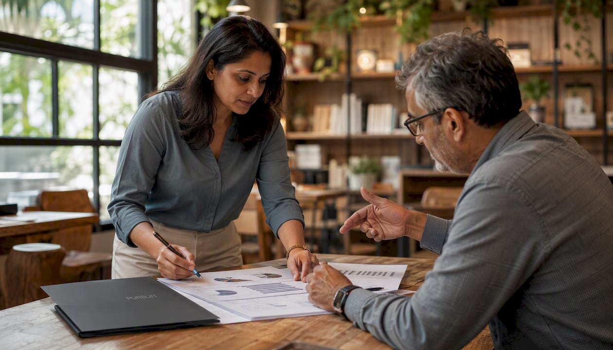Consultant and client reviewing project documents