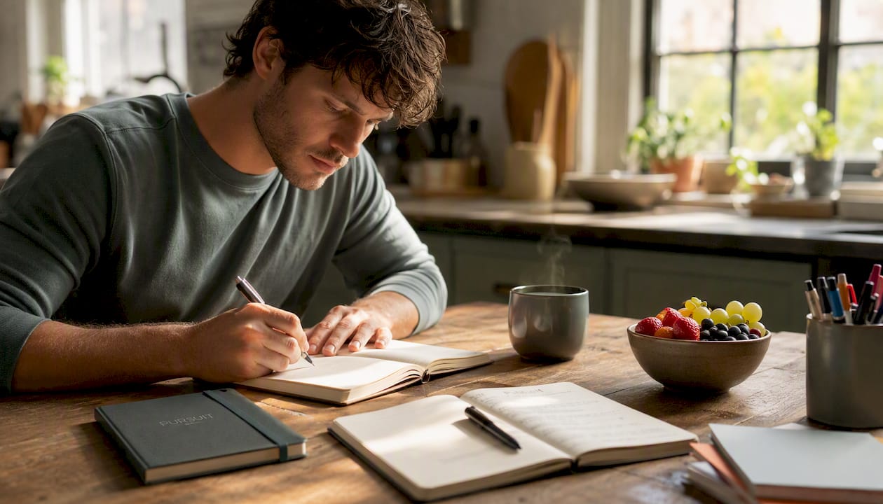 Young man journaling emotions with pen