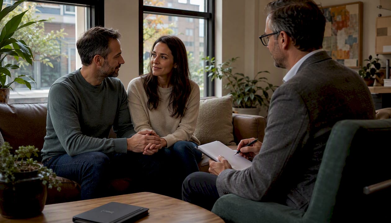 Couple in therapy session during affair recovery