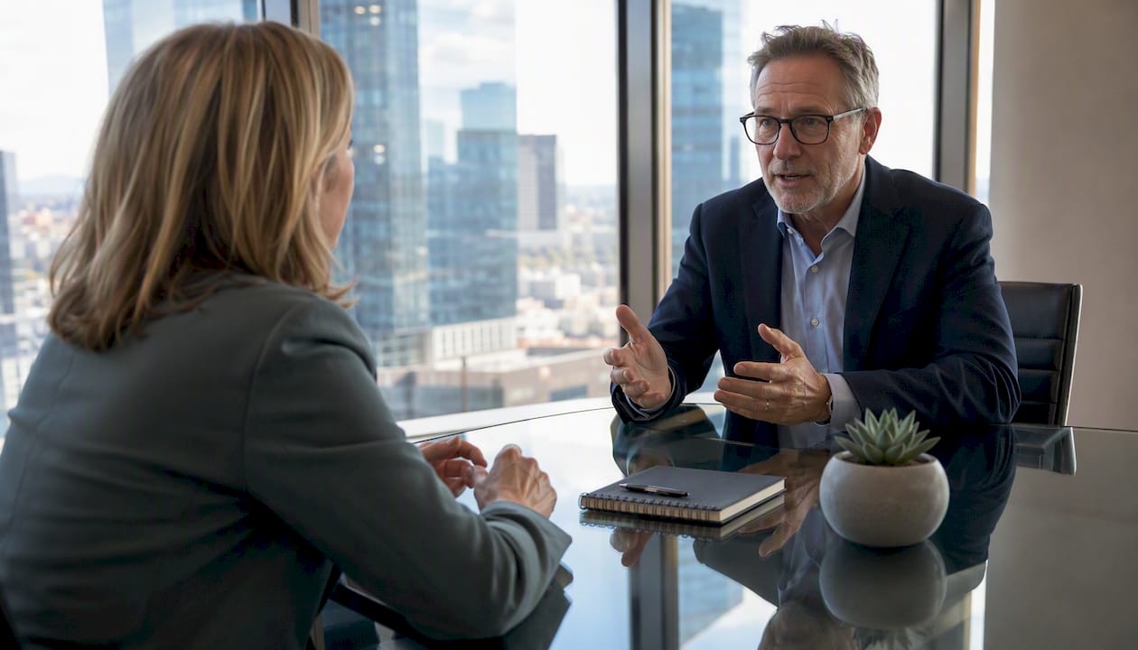 Senior executive coach with leader in office conversation