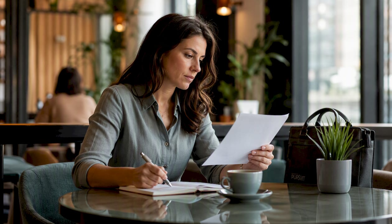 Woman reviewing executive coach resume closely