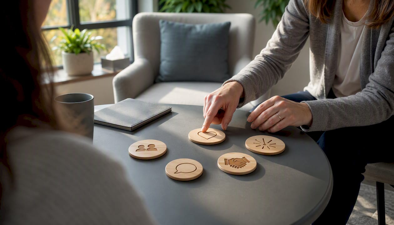 Counselor’s hands using tokens to teach conflict repair