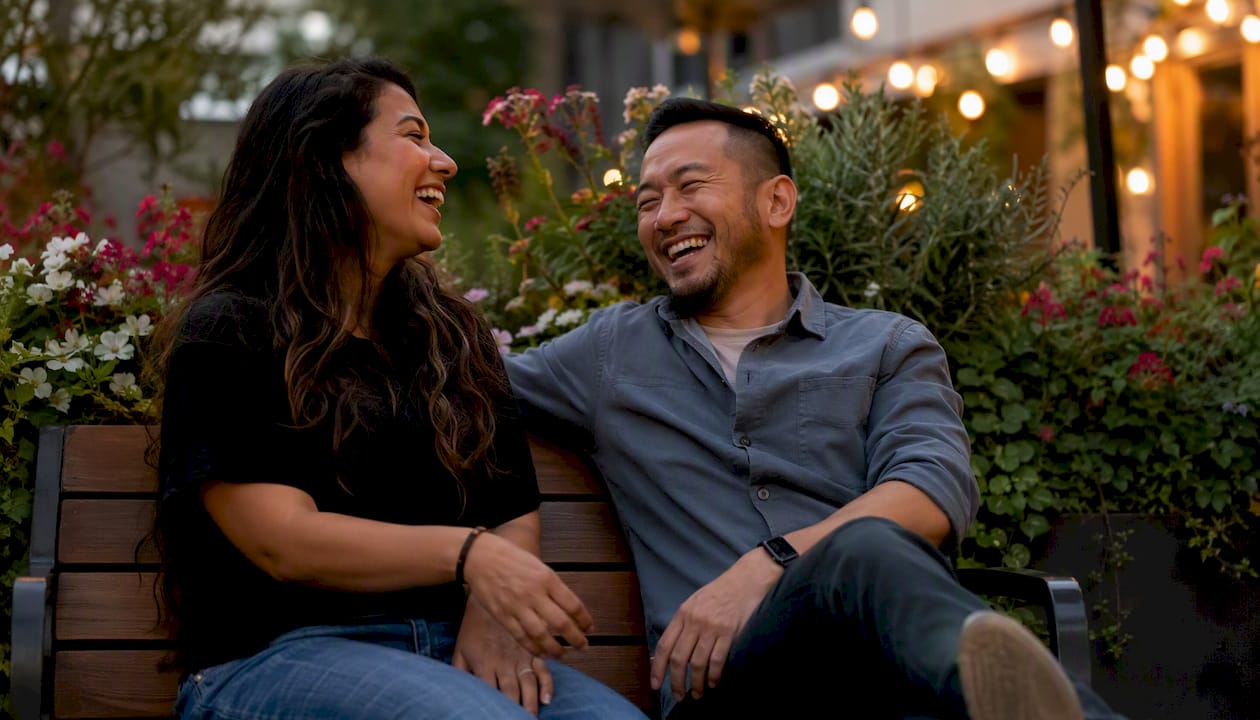 Couple sharing a joyful moment outdoors