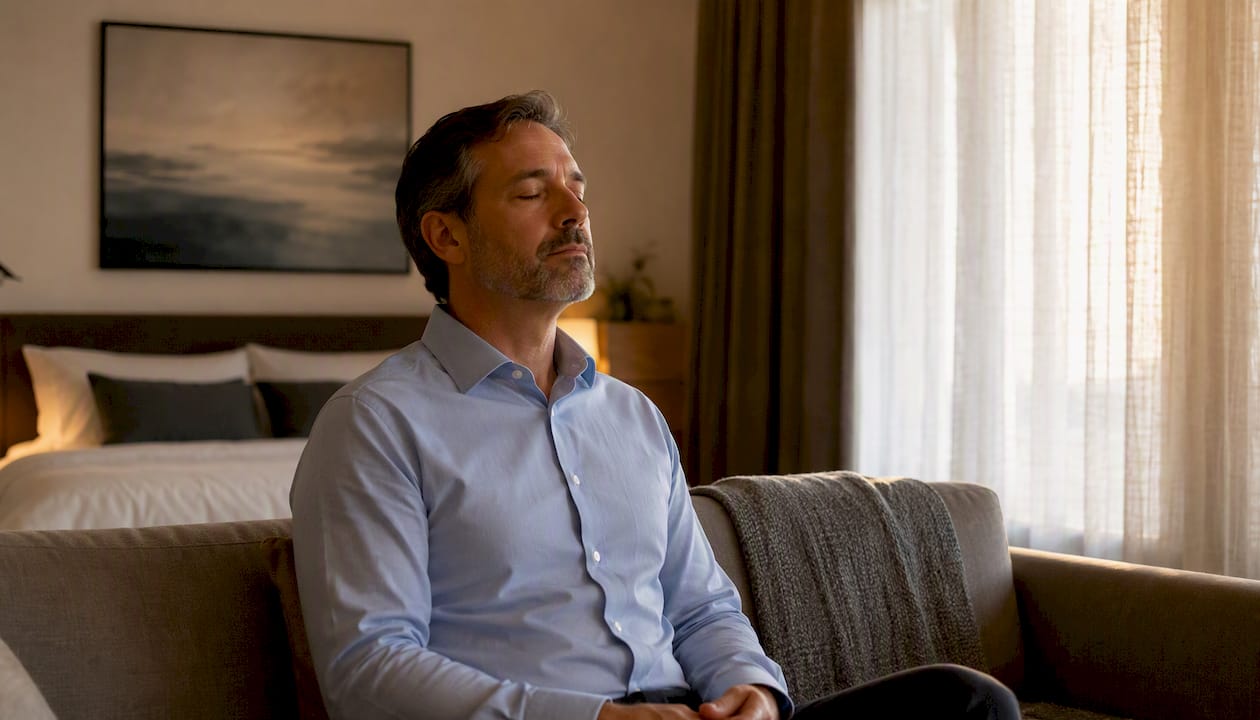 Man practicing breathing exercise to calm down