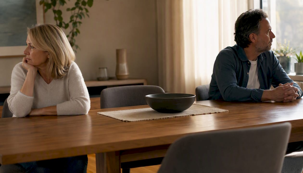 Couple silently seated apart at home