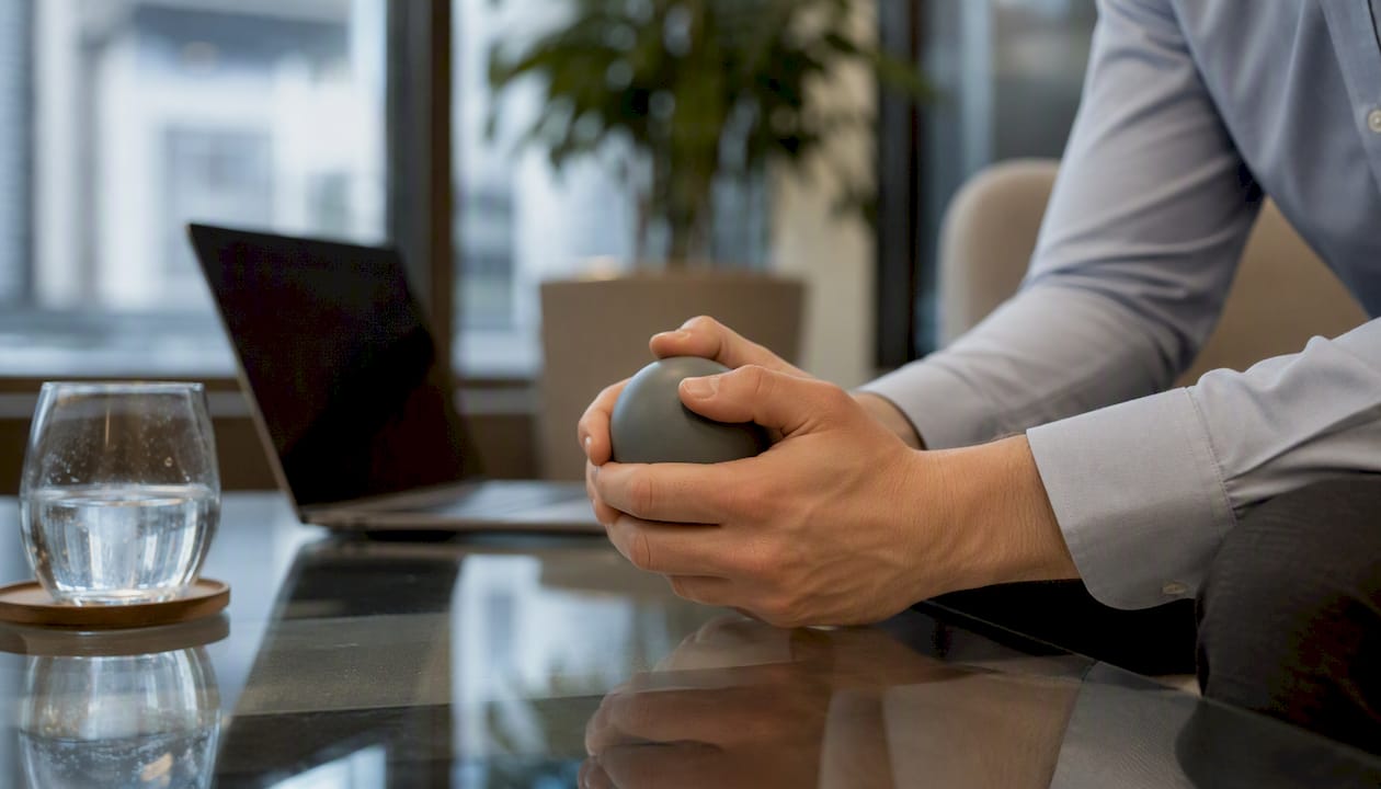 Hands nervously tapping pen on desk