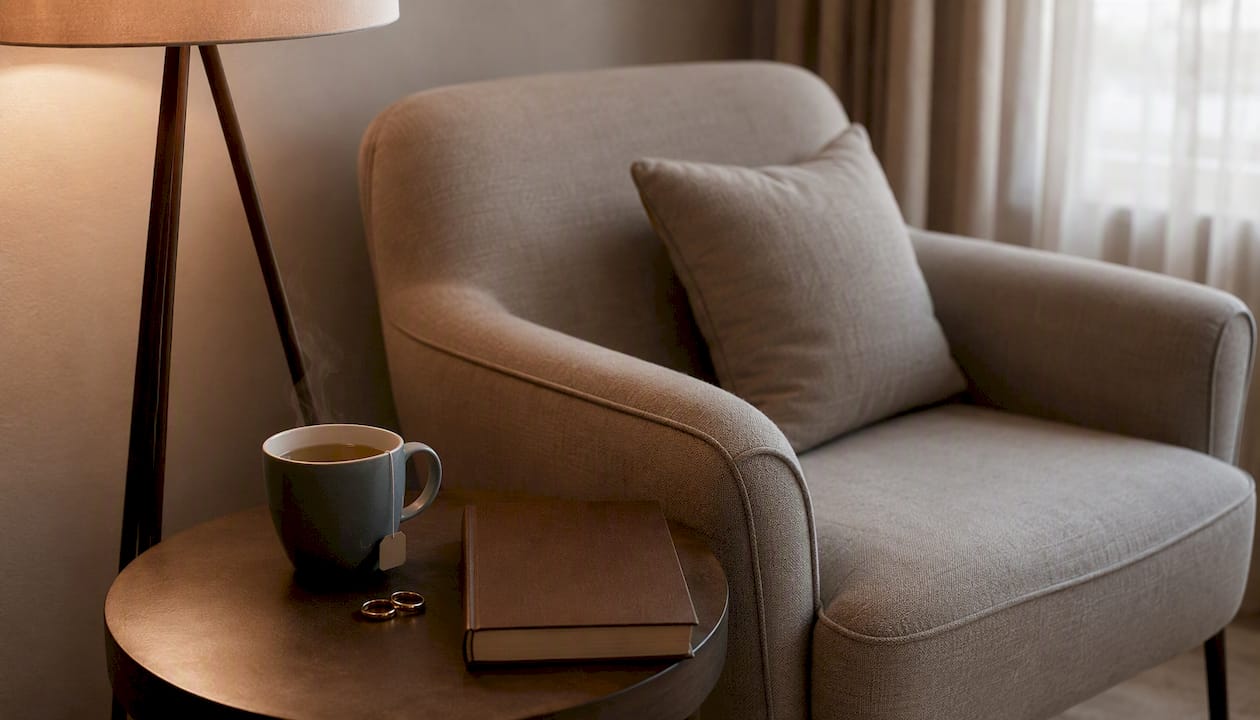 Counseling room with wedding bands and tea