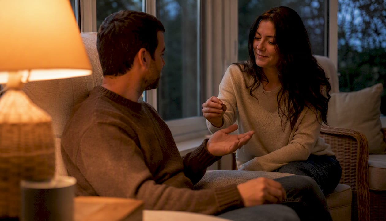 Couple exchanging repair tokens in therapy