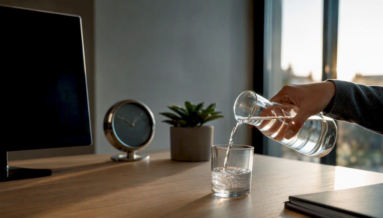 Hand pouring water beside dark monitor and clock