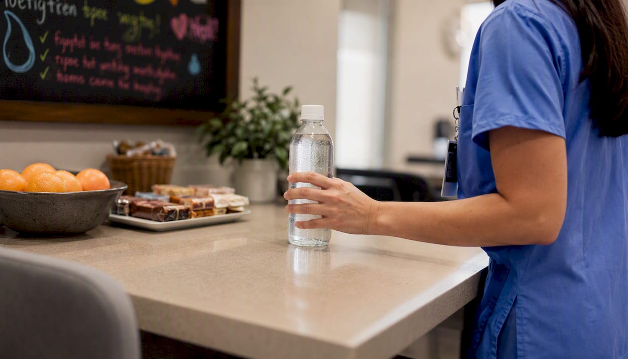 Nurse holding water bottle in hospital break room