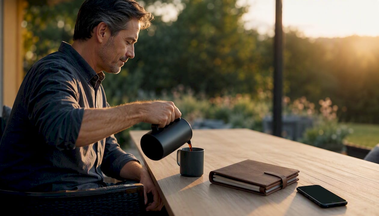 Hand pouring coffee in executive office setting