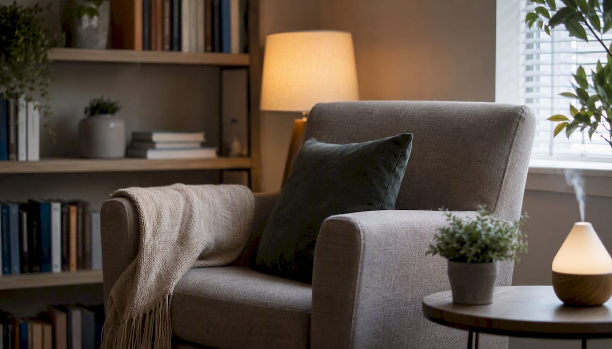 Therapy room with armchair and calming items