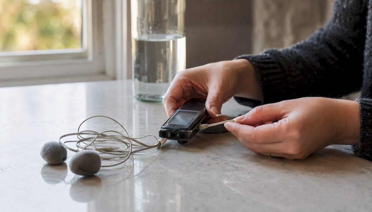 Hands setting up voice recorder for therapy homework