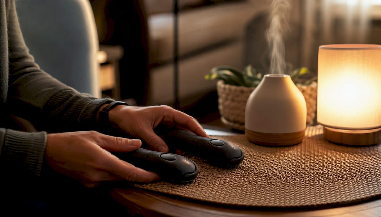 Therapist hands adjusting bilateral stimulation devices