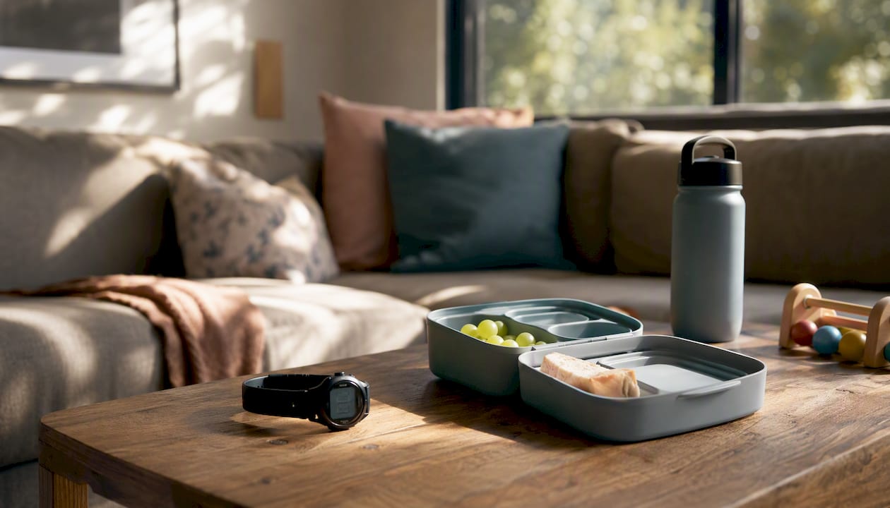 Kitchen counter with packed lunch and essentials