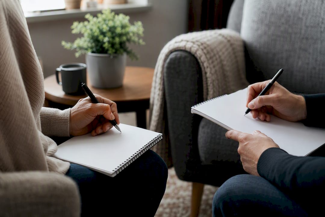 Hands rewriting communication statements on paper