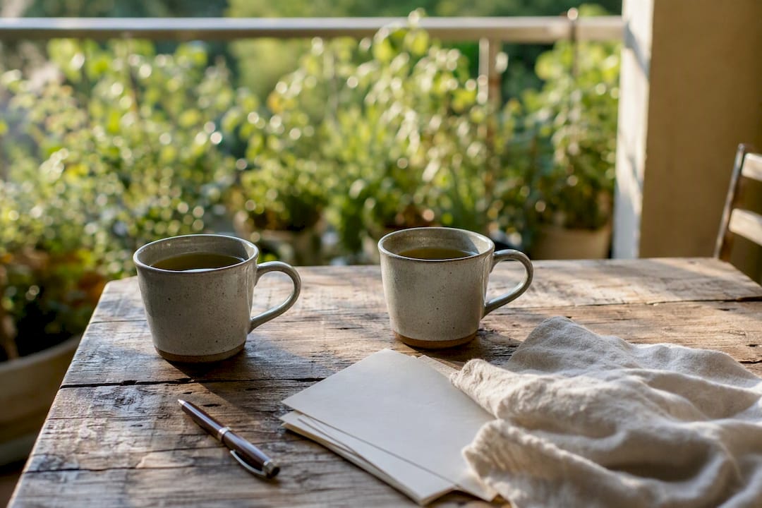 Cozy living room table with tea and note cards