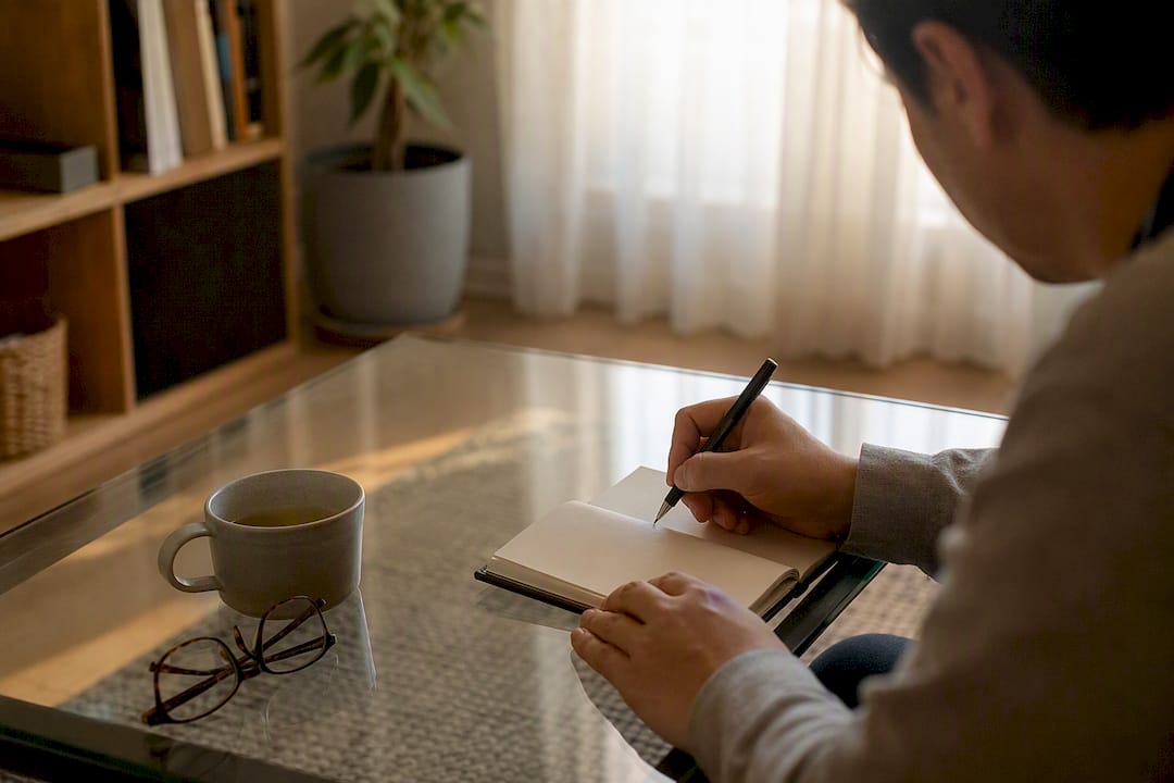 Writing daily notes in a notebook