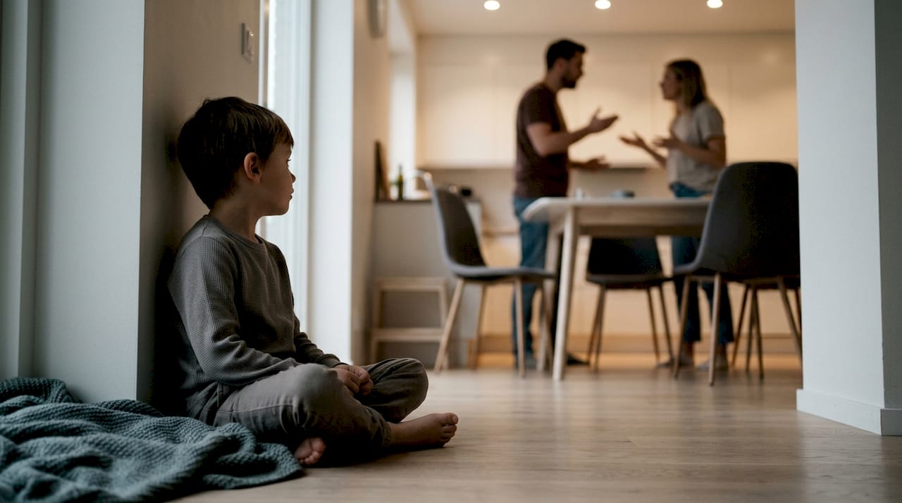 Child sensing parental conflict in room corner