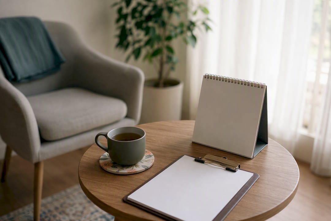 Table setup for therapy session with calendar and tea