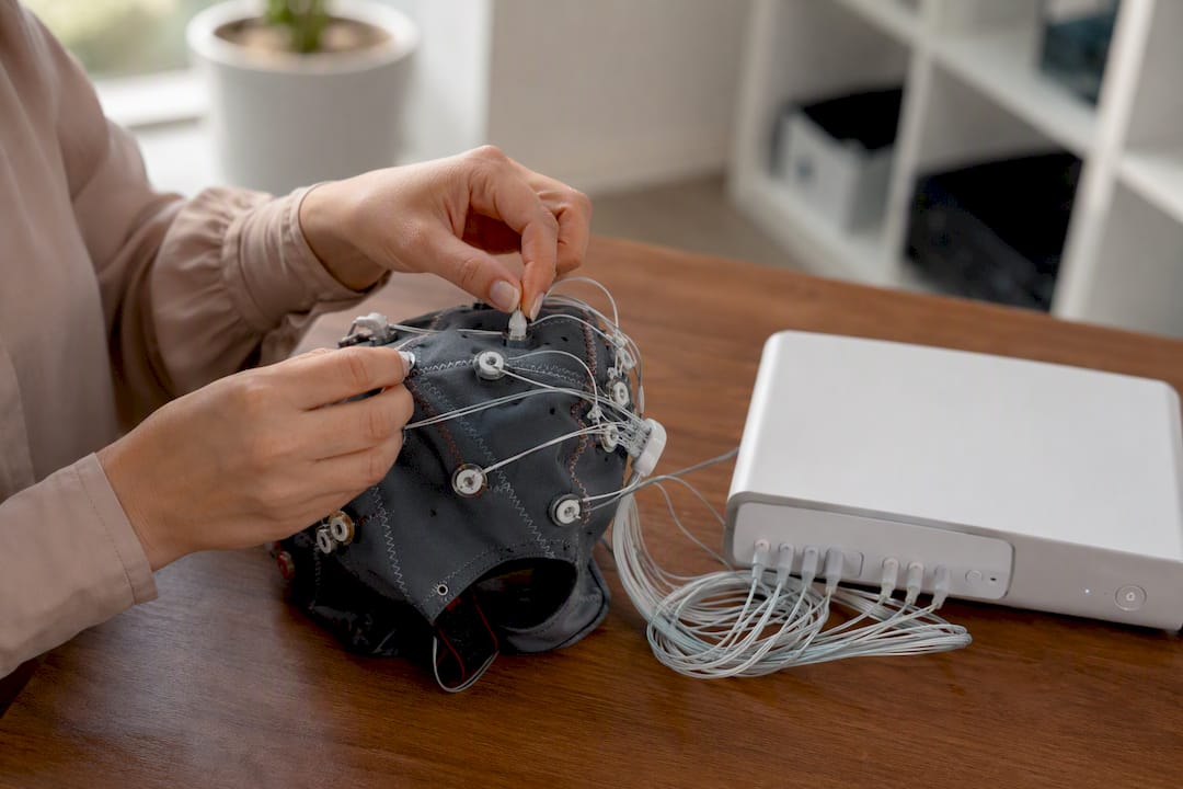 Hands adjusting EEG neurofeedback sensors