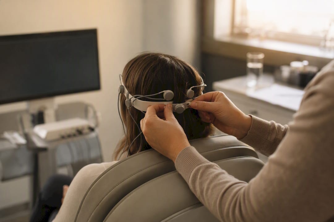 Hands setting up qEEG neurofeedback baseline assessment