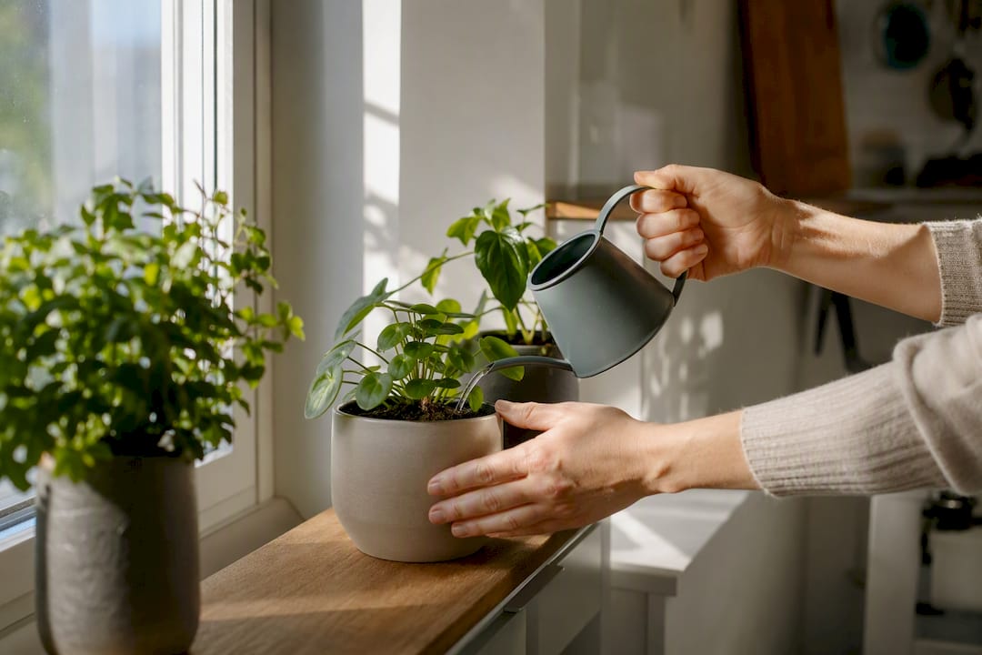 Hands watering plants in morning light