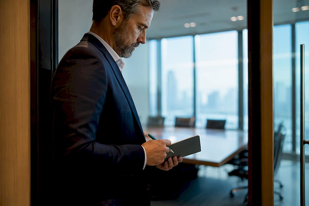 Executive reviewing notes before leadership meeting