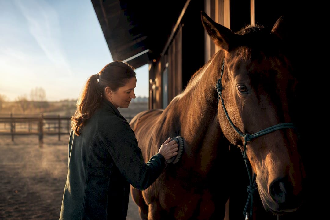 Adult grooming horse during equine therapy
