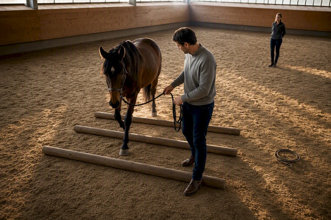 Executive guiding horse through ground obstacle