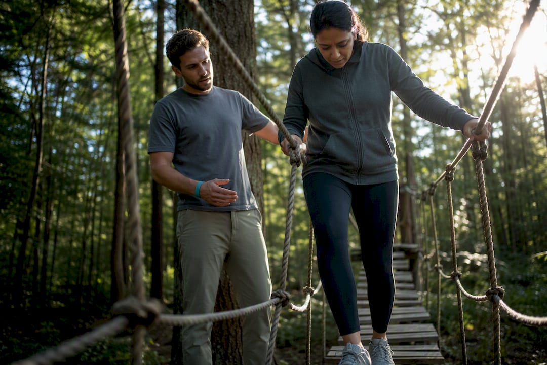 Clinician guiding adult across challenge course