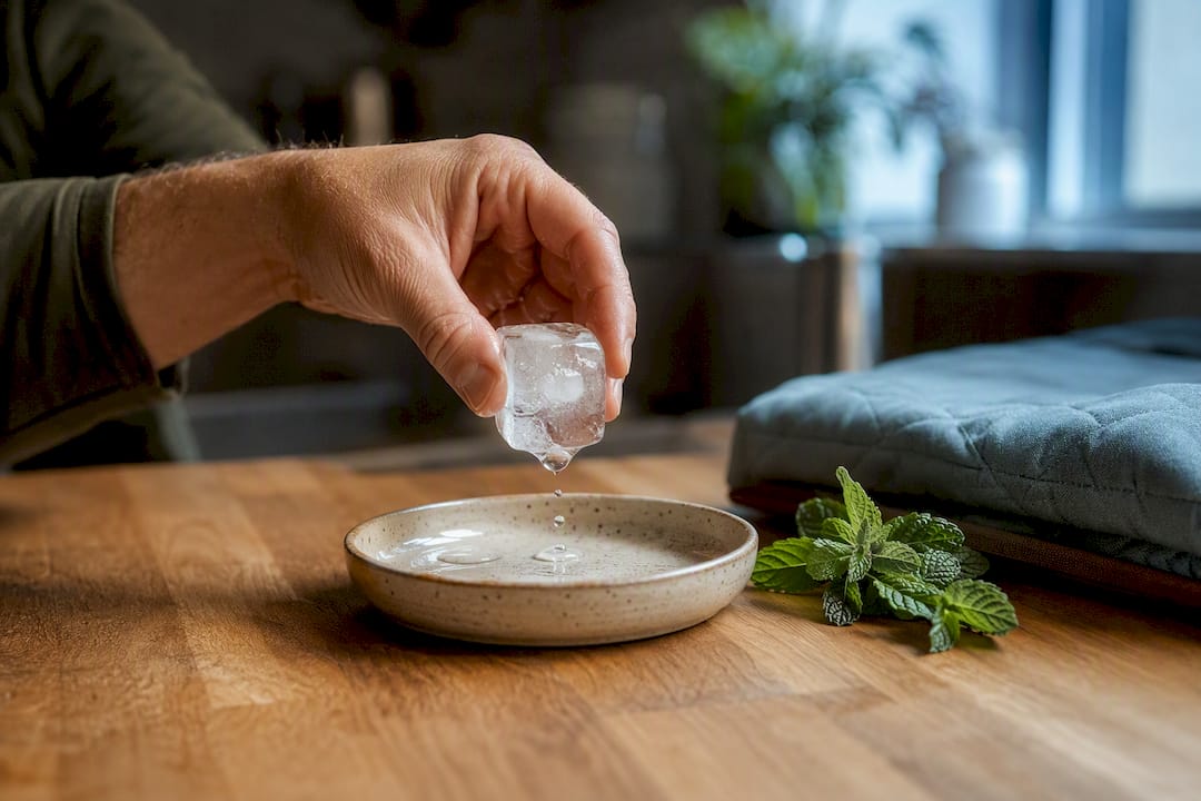Hand using ice cube for sensory grounding